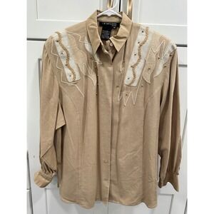 IB Diffusion Vintage Silk Western Blouse Tan Embellished Jute Bead Detail Sz‎ 10